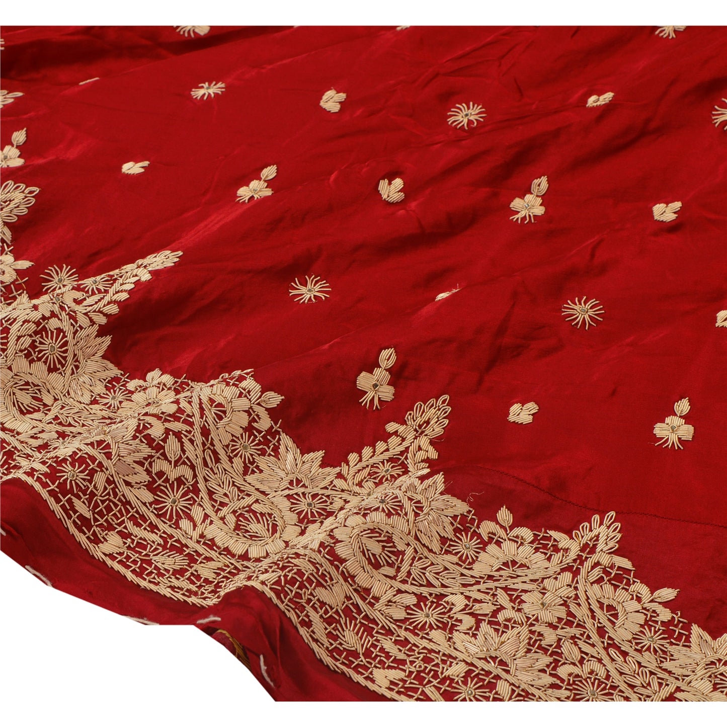 Sanskriti Vintage Red Long Skirt Pure Satin Silk Hand Embroidered Unstitched Lehenga