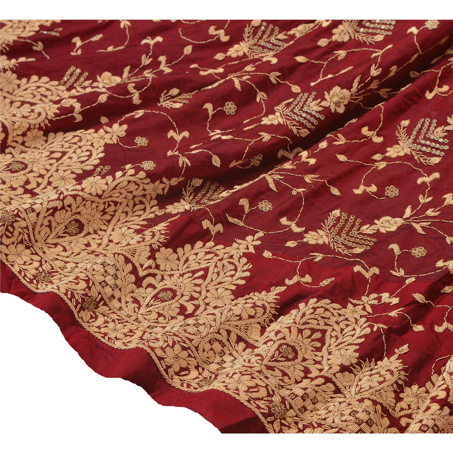 Sanskriti Vintage Dark Red Long Skirt Pure Satin Silk Hand Embroidered Unstitched Lehenga