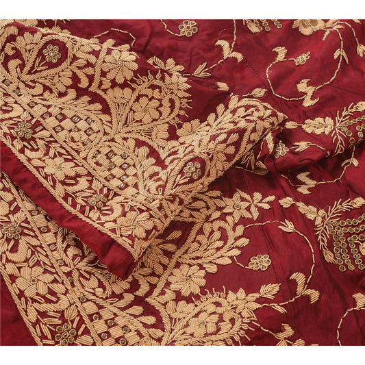 Sanskriti Vintage Dark Red Long Skirt Pure Satin Silk Hand Embroidered Unstitched Lehenga