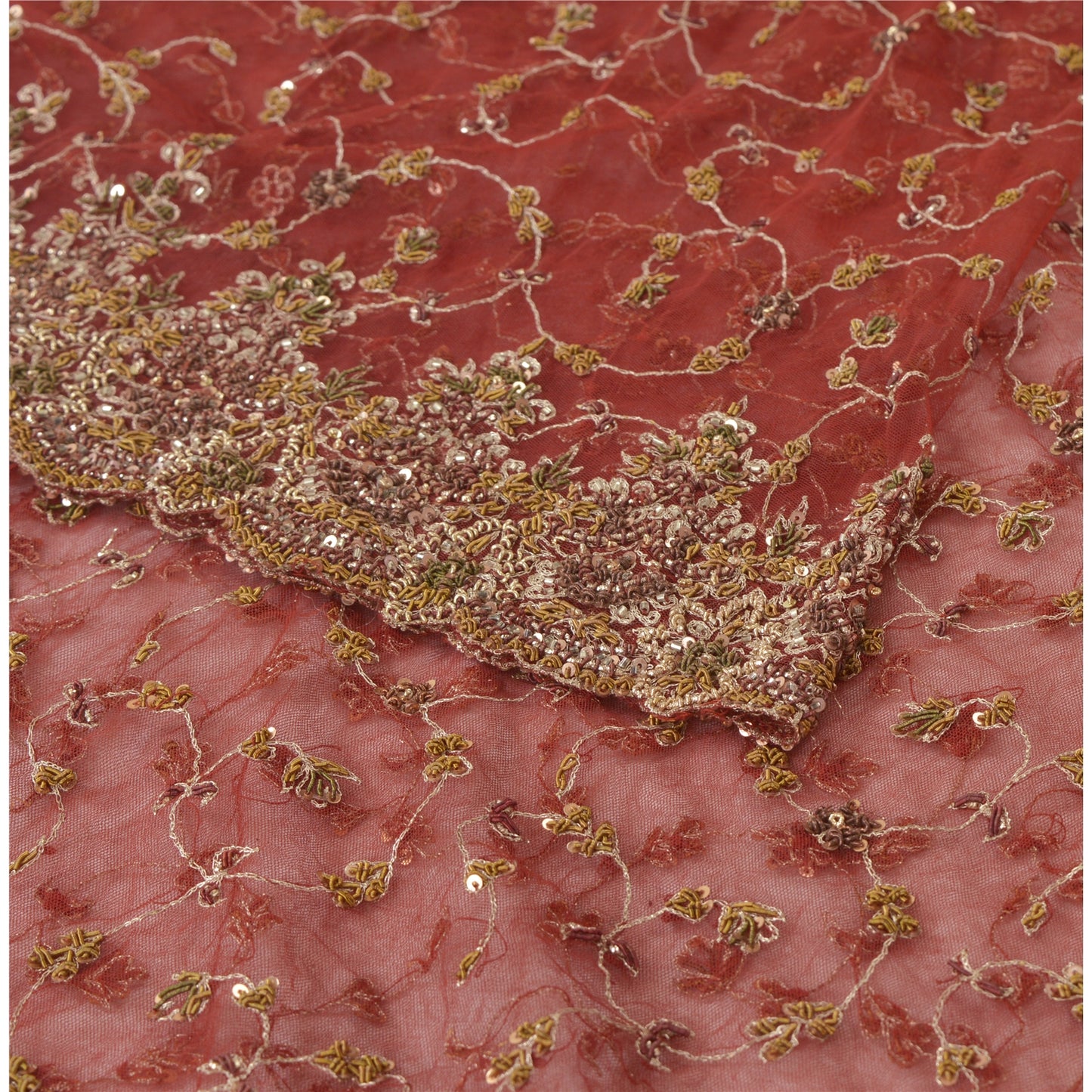 Sanskriti Vintage Red Long Skirt Net Mesh Hand Beaded Unstitched Zardozi Lehenga