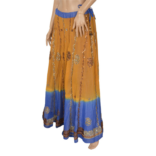 Sanskriti Vintage Long Party Skirt Pure Silk Blue Hand Beaded Stitched Lehenga
