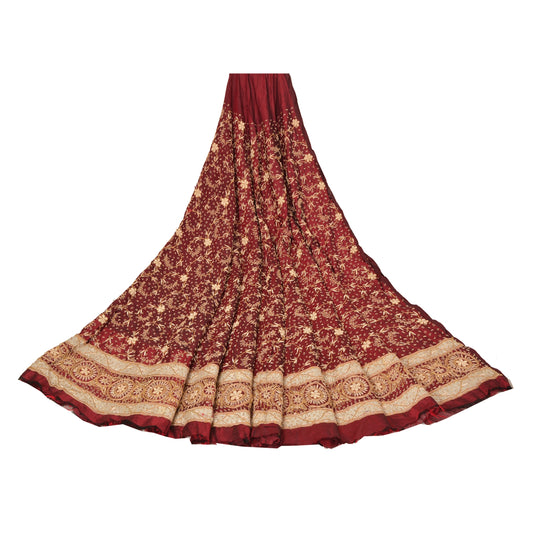 Sanskriti Vintage Long Skirt 100% Pure Silk Dark Red Handmade Unstitched Lehenga
