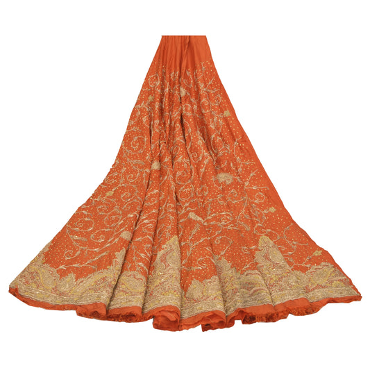 Sanskriti Vintage Rusty Orange Long Skirt Pure Silk Handmade Unstitched Lehenga