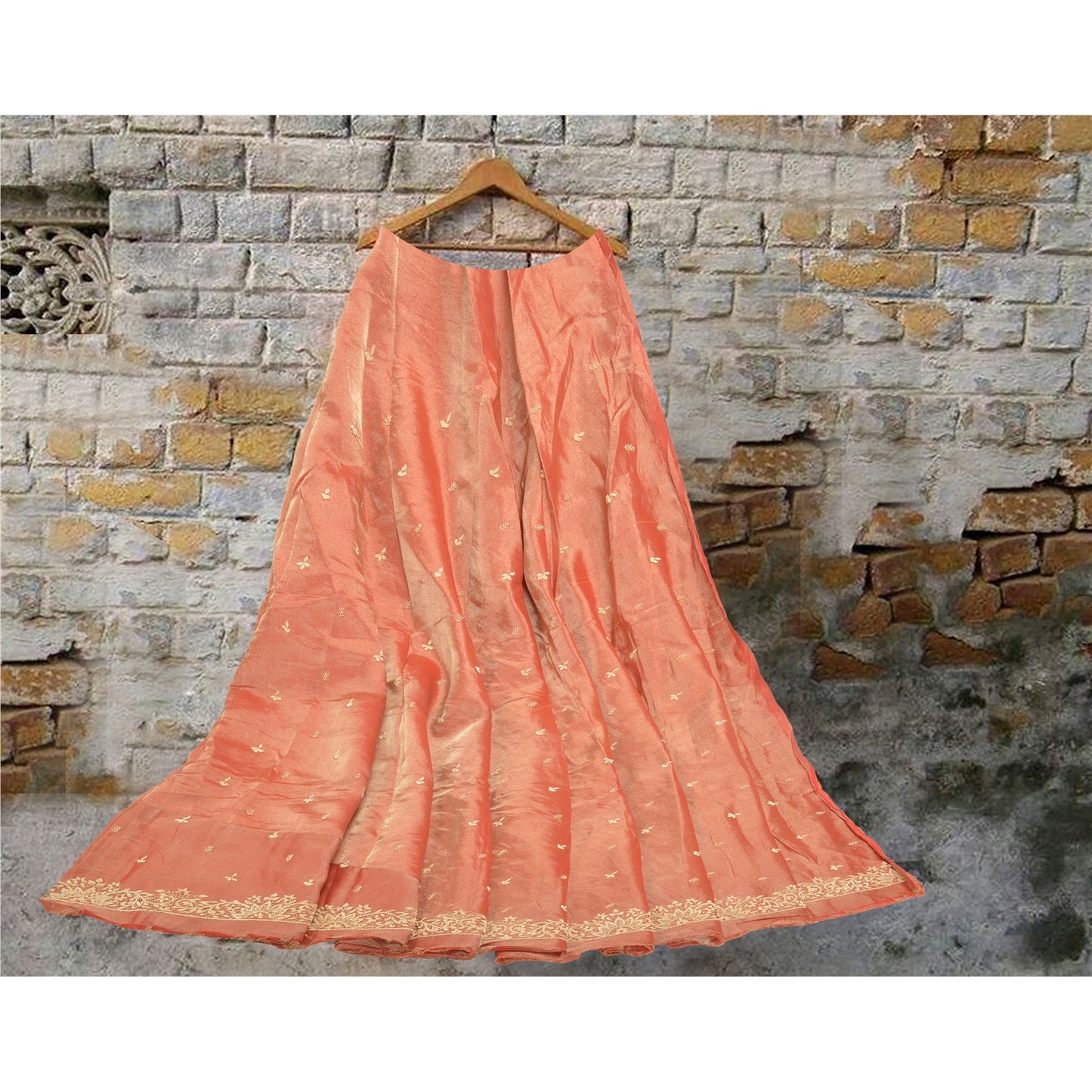 Sanskriti Vintage Long Skirt Pure Tissue Silk Peach Handmade Unstitched Lehenga