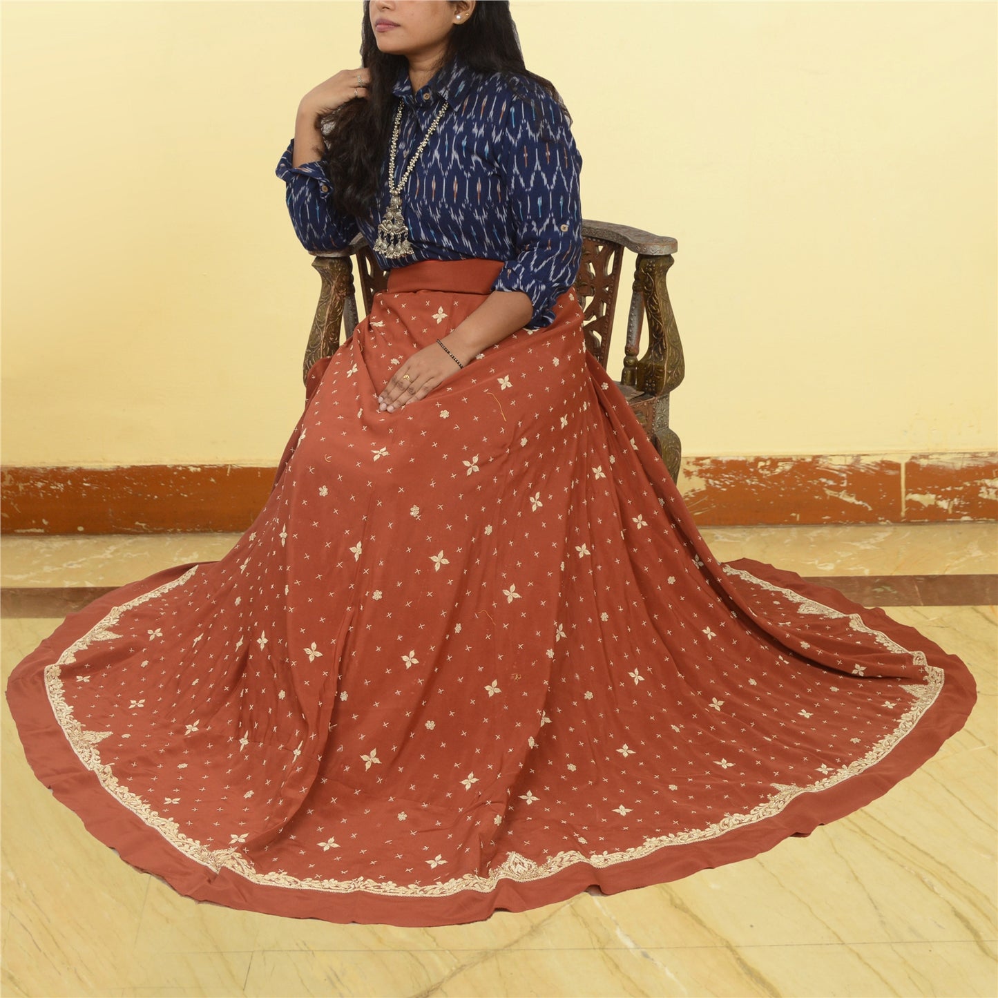 Sanskriti New Long Skirt Pure Silk Rusty Orange Hand Beaded Unstitched Lehenga