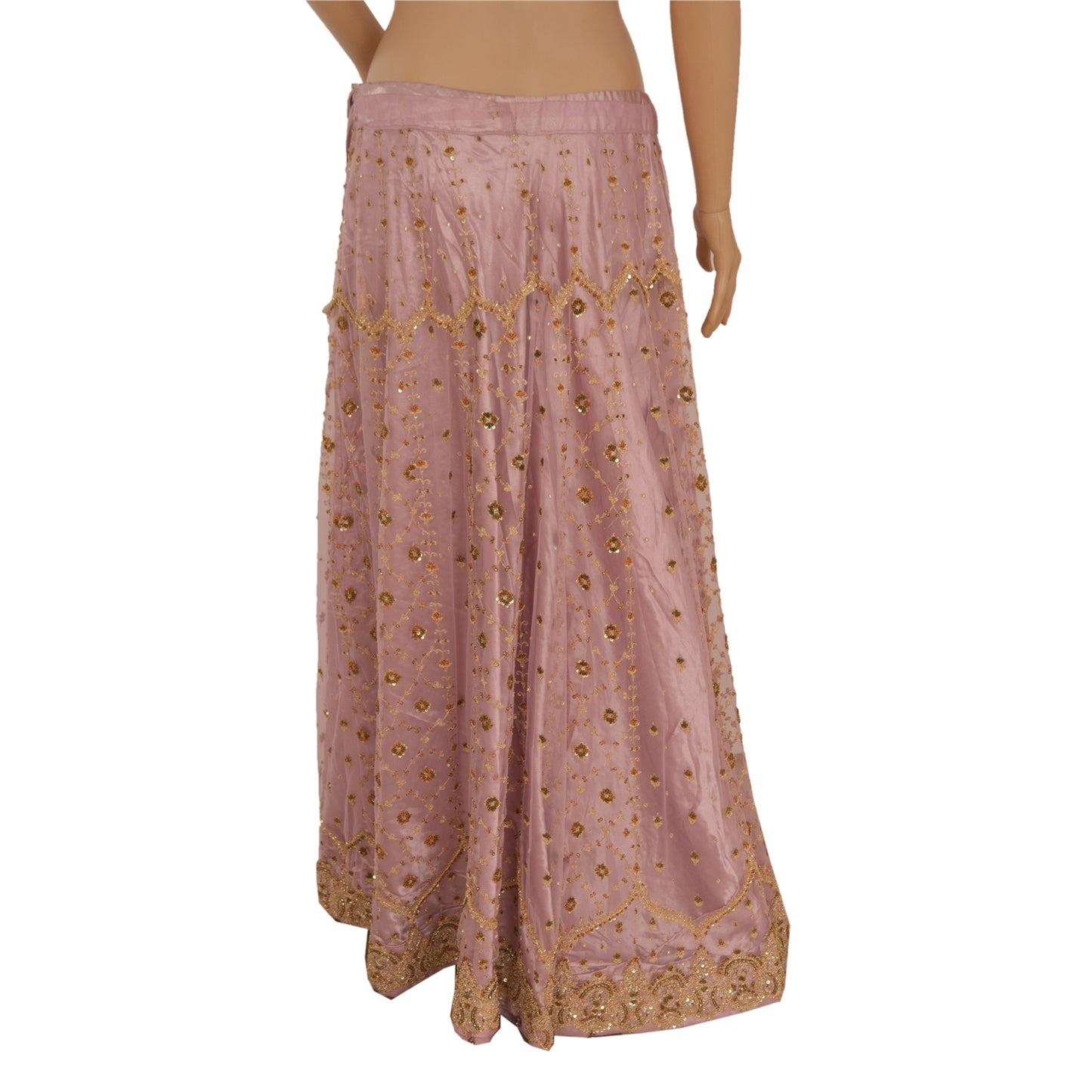 Sanskriti Vintage Lang Nederdel Net Mesh Pink Håndbroderet Syet Lehenga