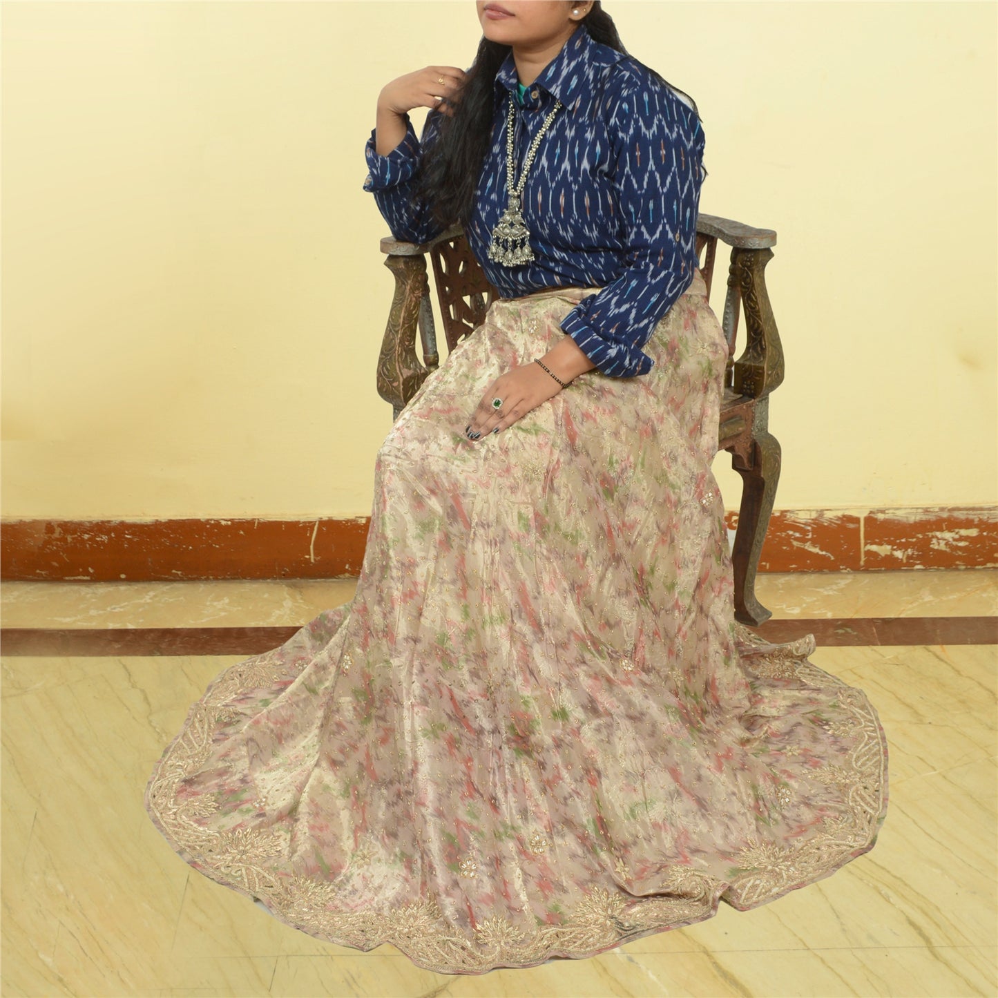 Sanskriti Vintage Long Skirt Pure Tissue Silk Handmade Golden Stitched Lehenga