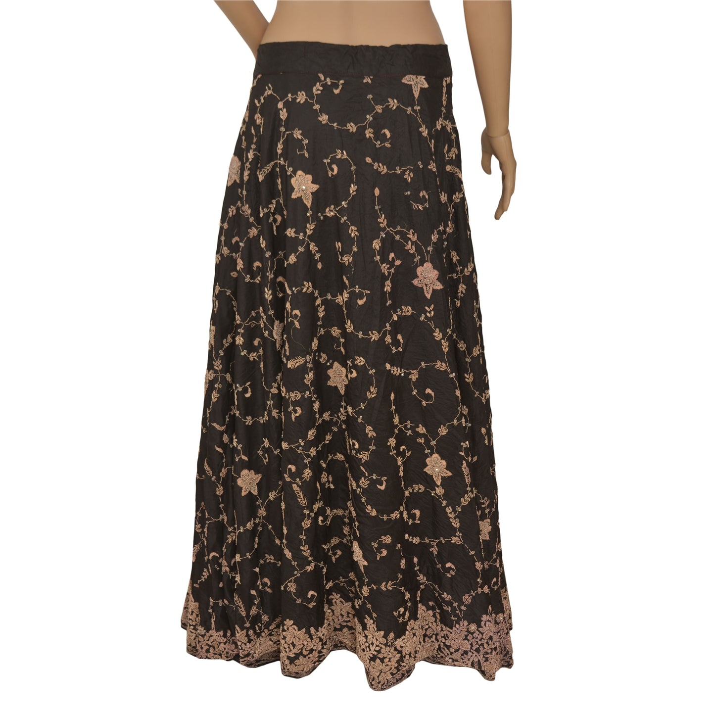 Sanskriti Vintage Lang Nederdel 100% Ren Silke Sort Håndperlesøm Lehenga