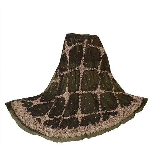 Sanskriti New Long Skirt Net Mesh Black Handmade Unstitched Zardozi Lehenga