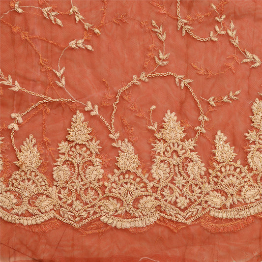 Sanskriti New Long Skirt Net Mesh Brick Red Handmade Unstitched Lehenga