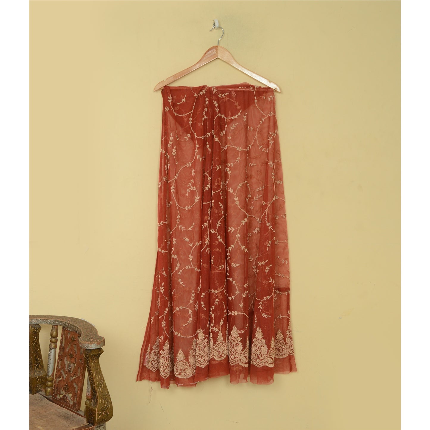 Sanskriti New Long Skirt Net Mesh Brick Red Handmade Unstitched Lehenga