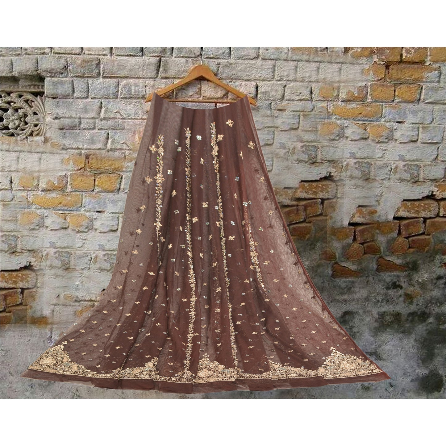 Sanskriti Vintage Long Skirt Net Mesh Dark Brown Hand Beaded Unstitched Lehenga