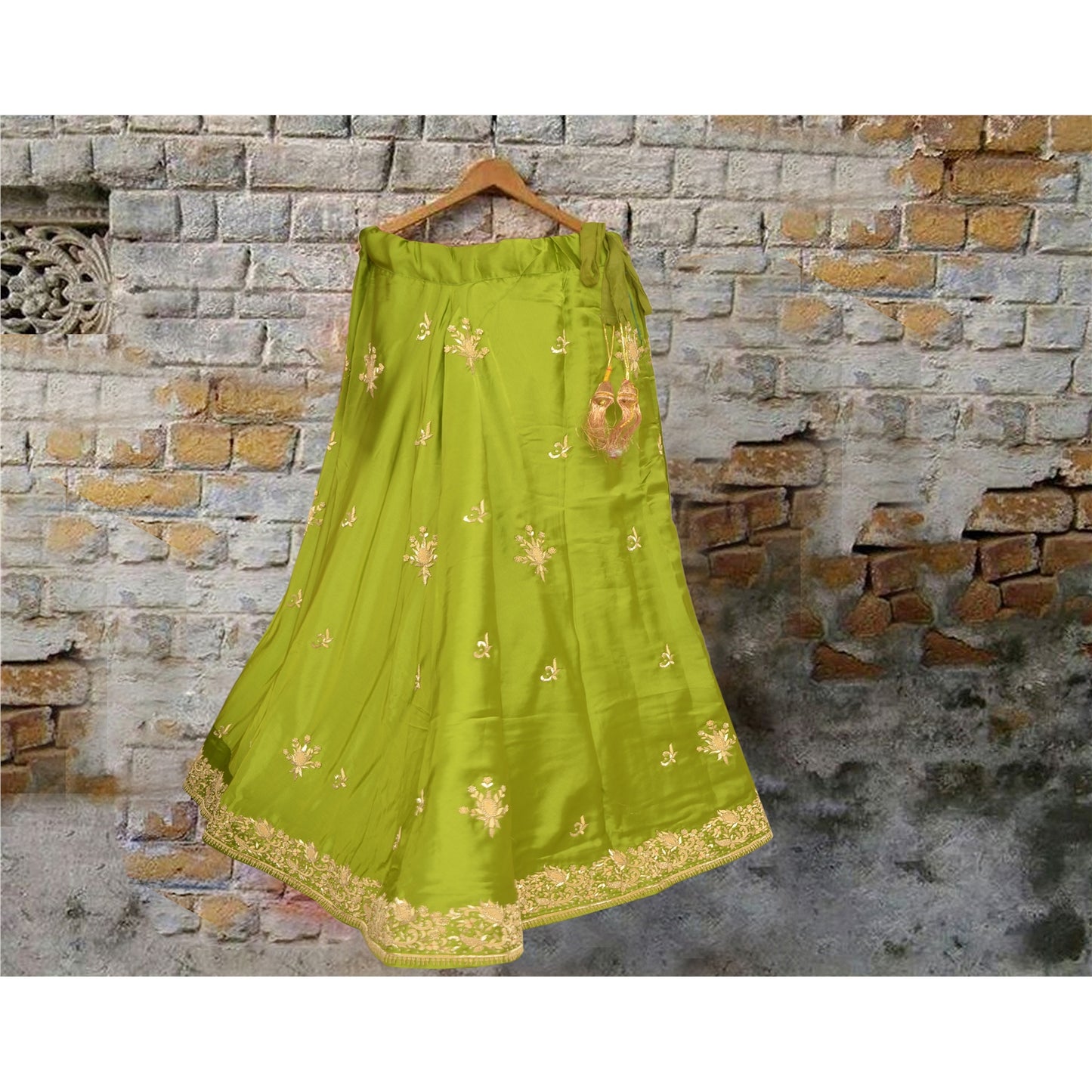 Sanskriti Vintage Long Skirt Pure Satin Silk Green Hand Beaded Stitched Lehenga