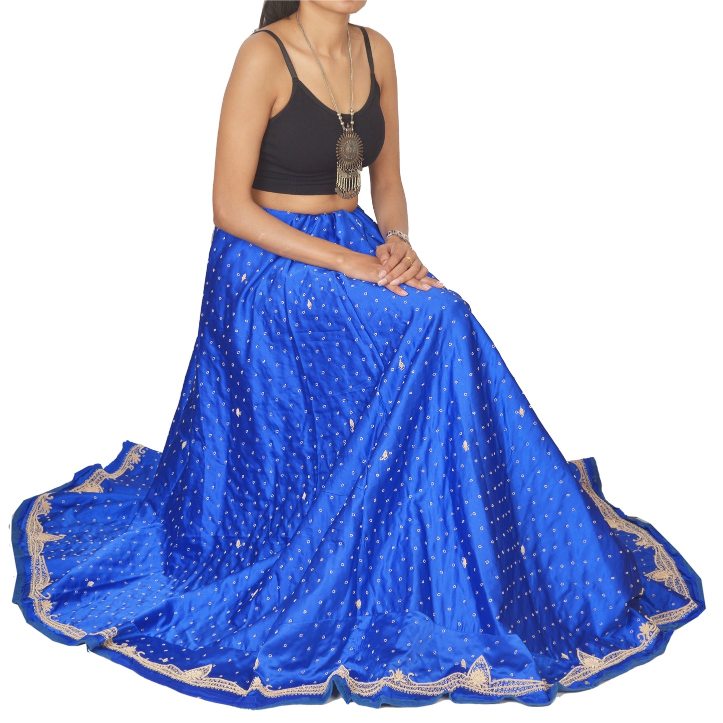 Sanskriti Vintage Long Skirt Pure Satin Silk Handmade Unstitched Blue Lehenga
