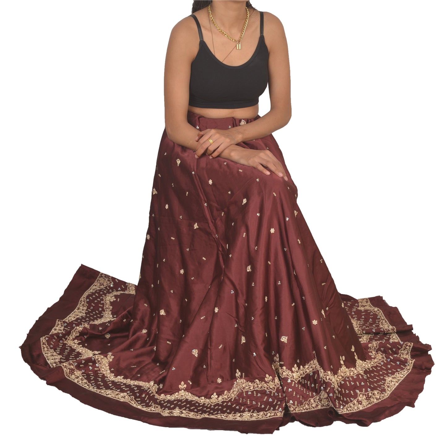 Sanskriti Vintage Long Skirt Pure Satin Silk Handmade Unstitched Zardozi Lehenga