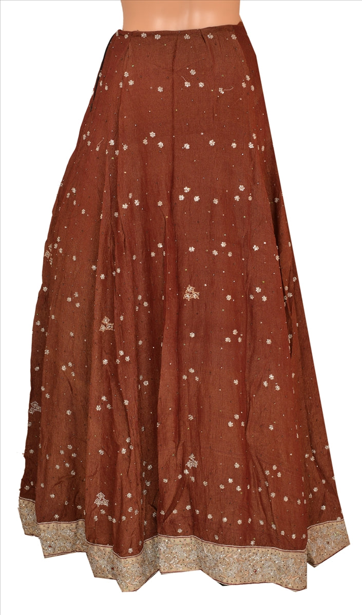 Sanskriti Vintage Indian Bollywood Women Long Skirt Hand Beaded Brown S Size Lehenga