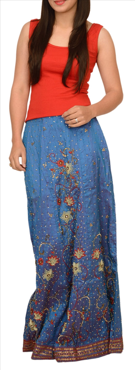 Sanskriti Vintage Indian Bollywood Women Long Skirt Hand Beaded Blue M Size Lehenga