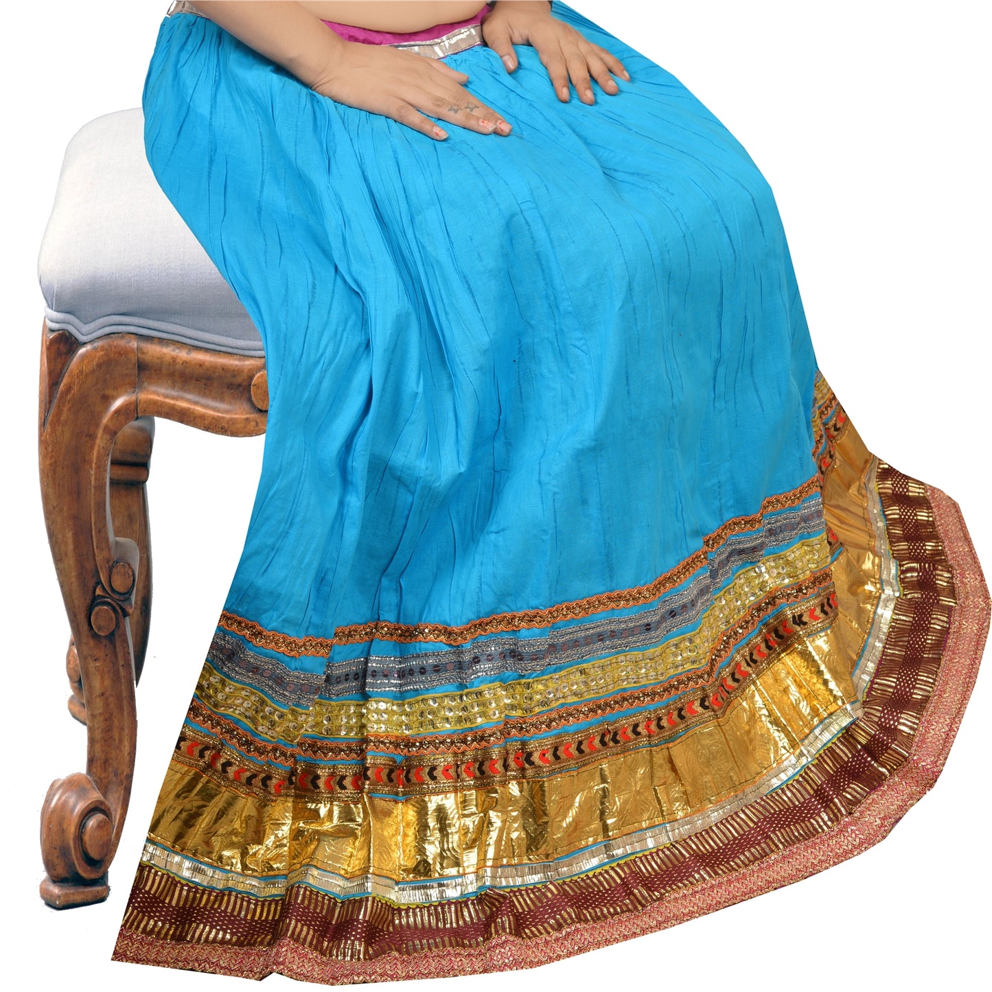 Sanskriti New Embroidered Lehenga Cotton Party Blue Long Skirt Lace Work