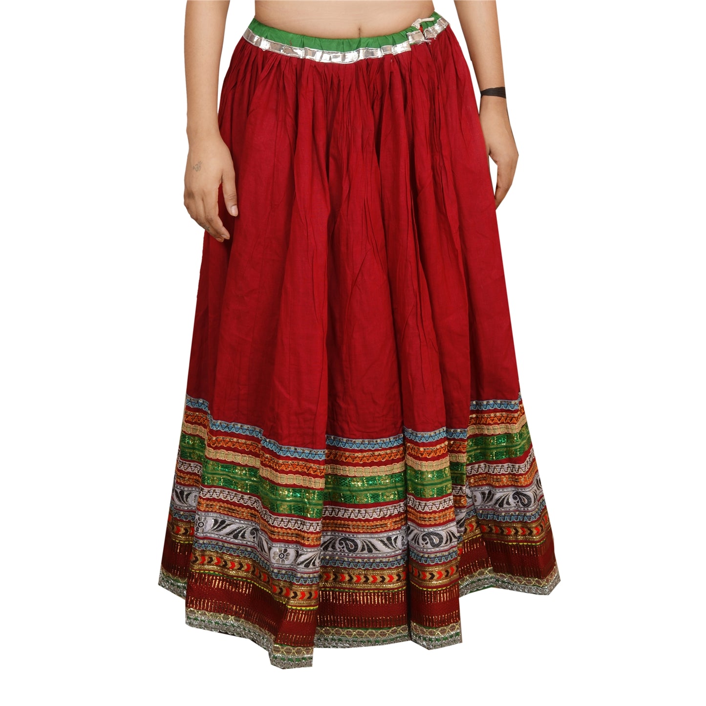 Sanskriti Maroon Cotton Embroidered Gopi Skirt | Long Party Wear Lehenga with Lace Work
