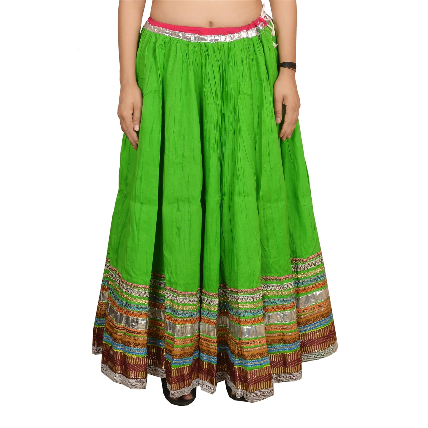 Sanskriti New Embroidered Lehenga Cotton Party Green Long Skirt Lace Work