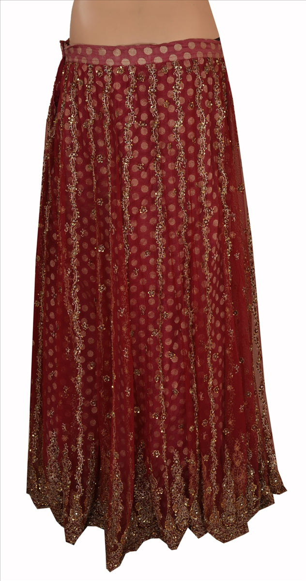 Sanskriti Vintage Indian Bollywood Women Long Skirt Hand Beaded Maroon L Size Lehenga