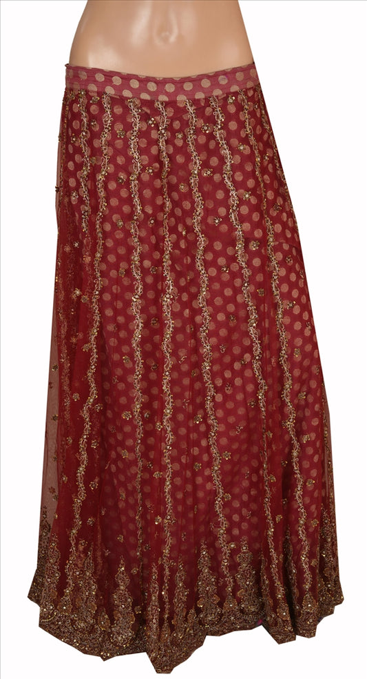 Sanskriti Vintage Indian Bollywood Women Long Skirt Hand Beaded Maroon L Size Lehenga