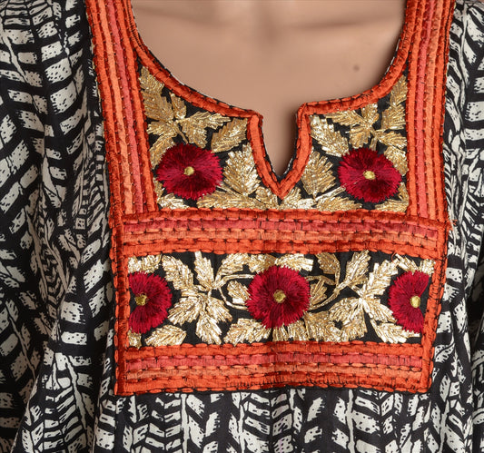 Sanskriti Vinatage Sanskriti New Cotton Embroidered Caftan Kaftan Top Shirt Black Gota Patti