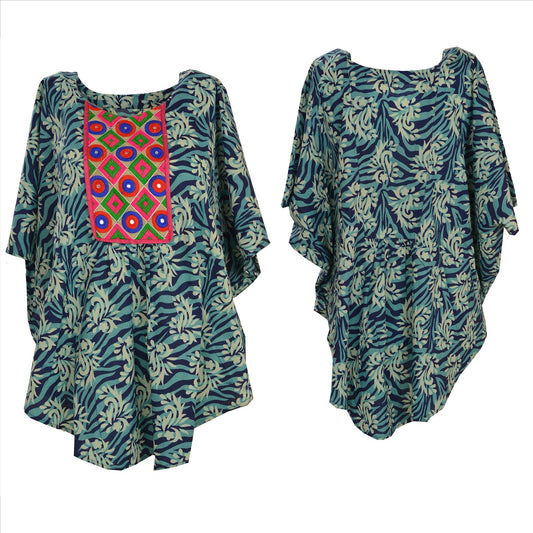 Sanskriti Vinatage Sanskriti New Cotton Hand Embroidered Caftan Kaftan Top Shirt Blue Mirror Blue