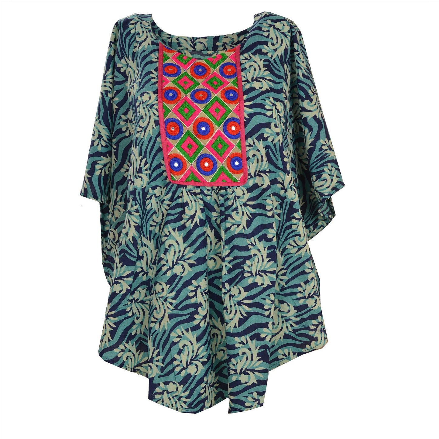 Sanskriti Vinatage Sanskriti New Cotton Hand Embroidered Caftan Kaftan Top Shirt Blue Mirror Blue