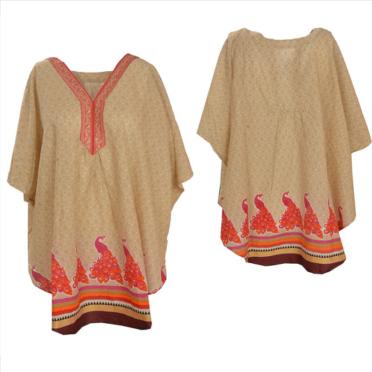 Sanskriti Vinatage Sanskriti New Cotton Embroidered Caftan Kaftan Top Shirt Cream Peacock