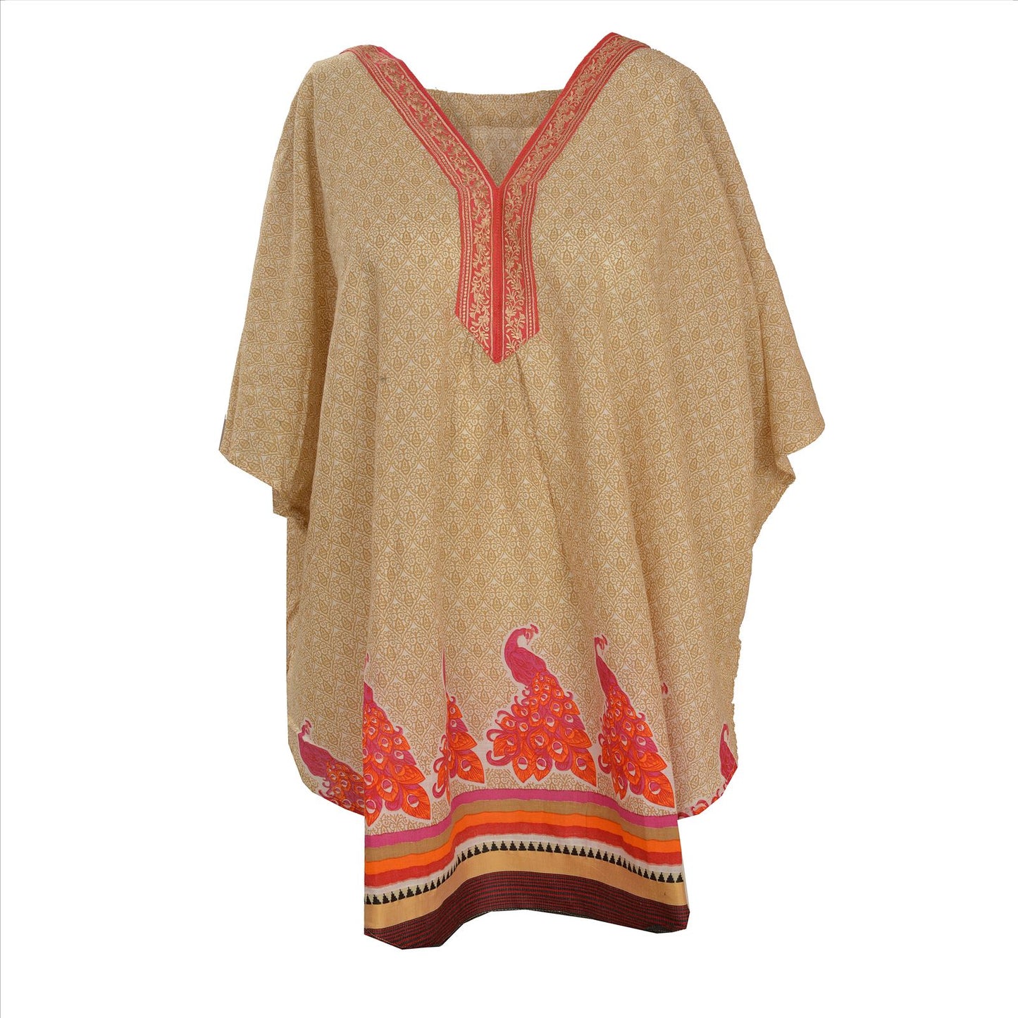 Sanskriti Vinatage Sanskriti New Cotton Embroidered Caftan Kaftan Top Shirt Cream Peacock
