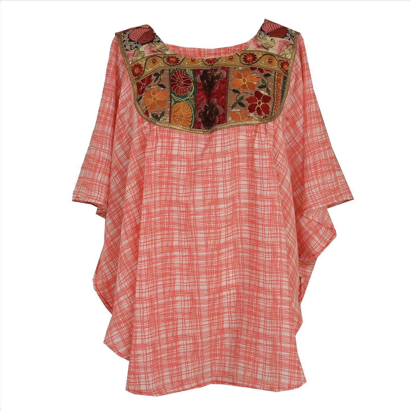 Sanskriti Vintage Art Silk Hand Beaded Caftan Kaftan Top Shirt Cream Sequins Work