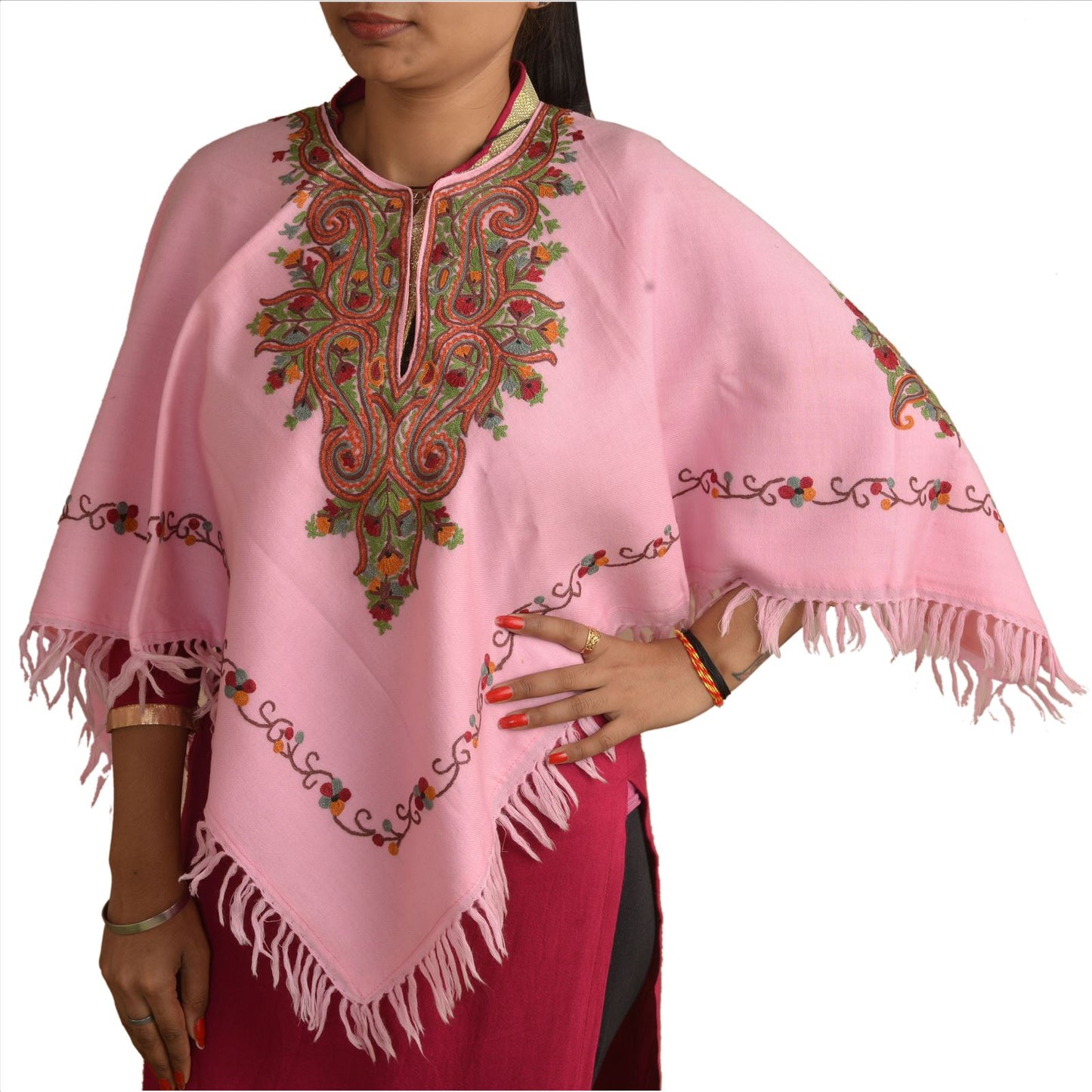 Винтажный санскритский топ из пашмины из 100% чистой шерсти с ручной вышивкой Arizama, розовый пейсли