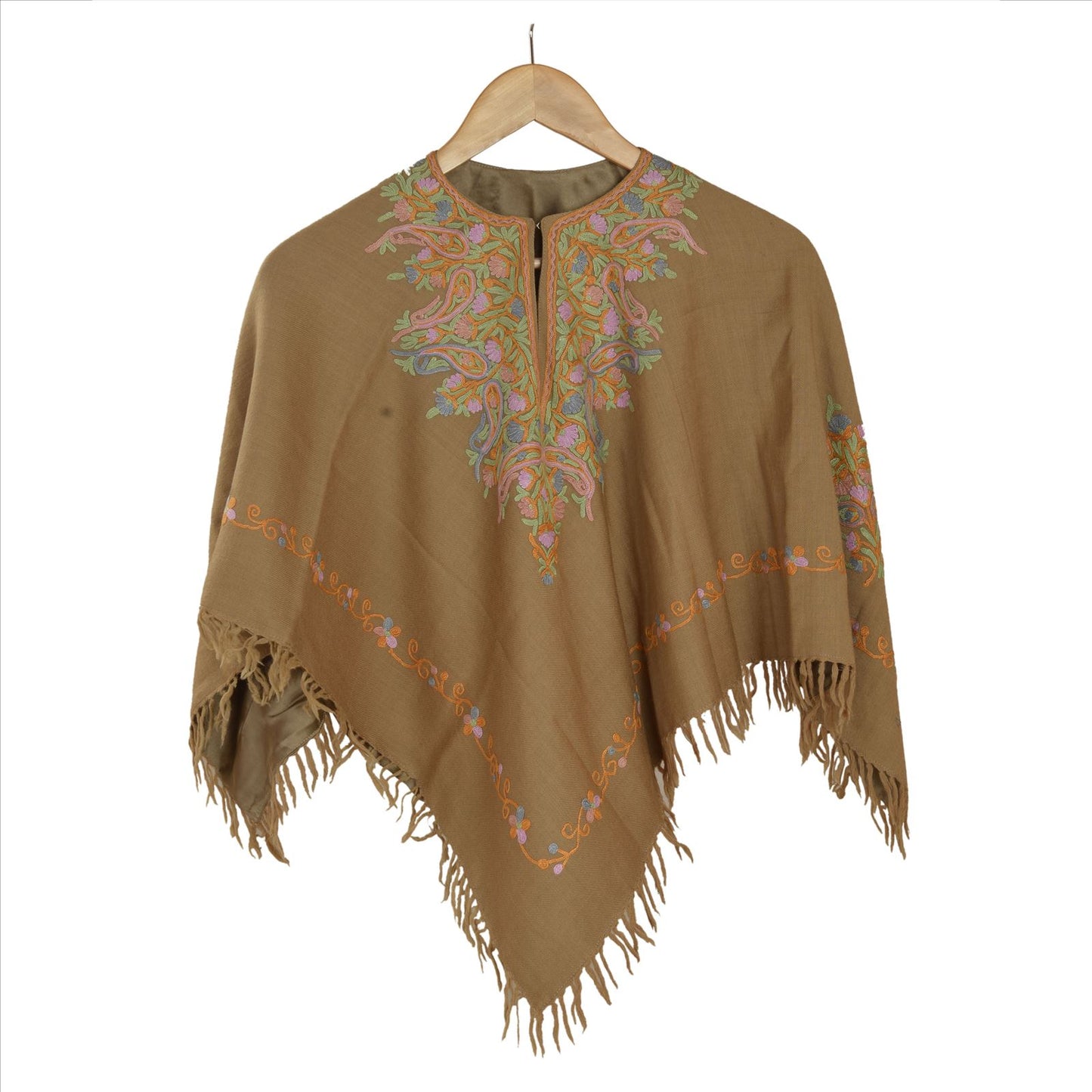 Sanskriti Vintage Sanskriti Pashmina Pure Wool Hand Embroidered Arizama Poncho Top Heena Green
