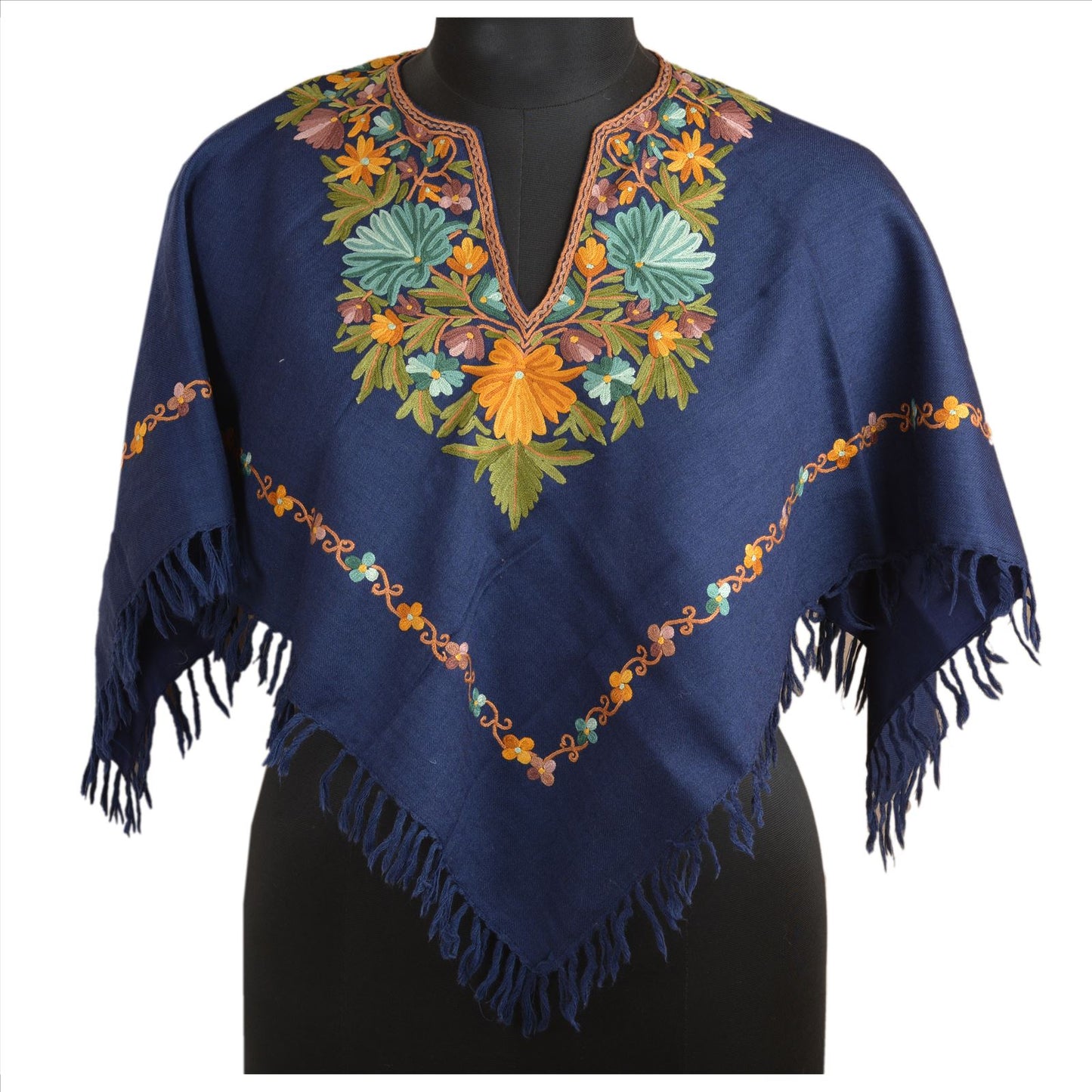 Sanskriti Vintage 100% Pure Wool Hand Embroidered Arizama Poncho Top Blue Paisley