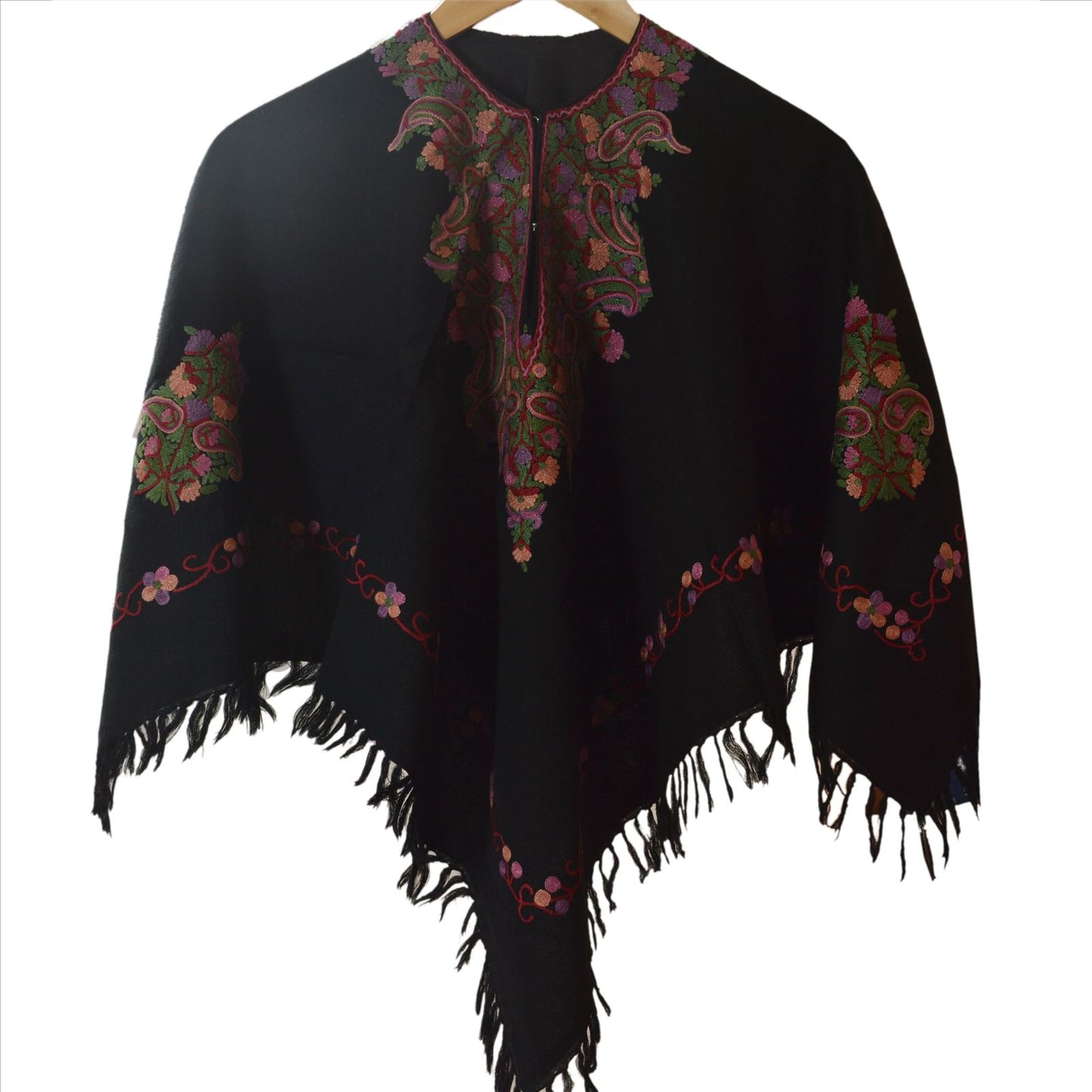 Sanskriti Vintage 100% Pure Wool Hand Embroidered Arizama Poncho Top Black Paisley