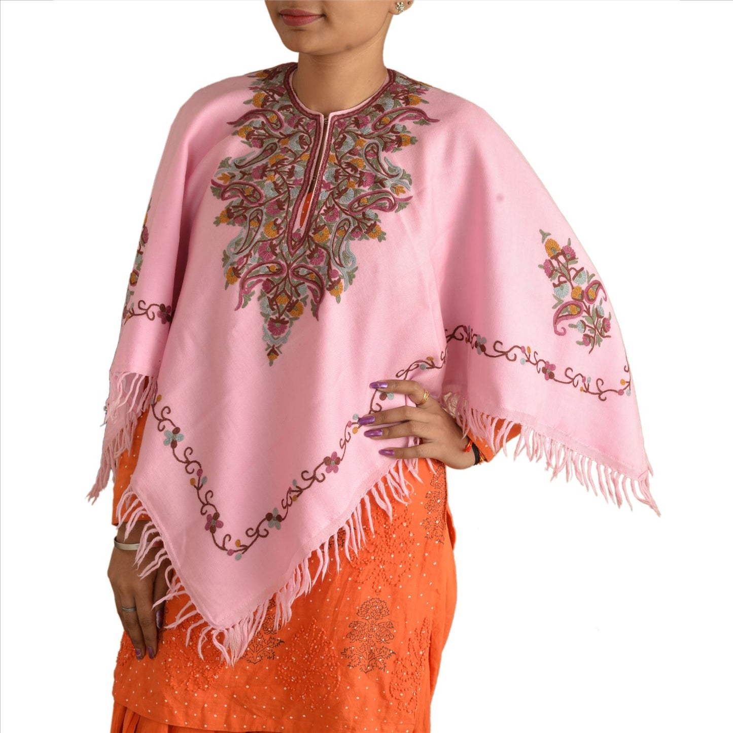 Sanskriti Vintage Sanskriti Pashmina New 100% Pure Wool Hand Embroidered Arizama Top Pink Paisley