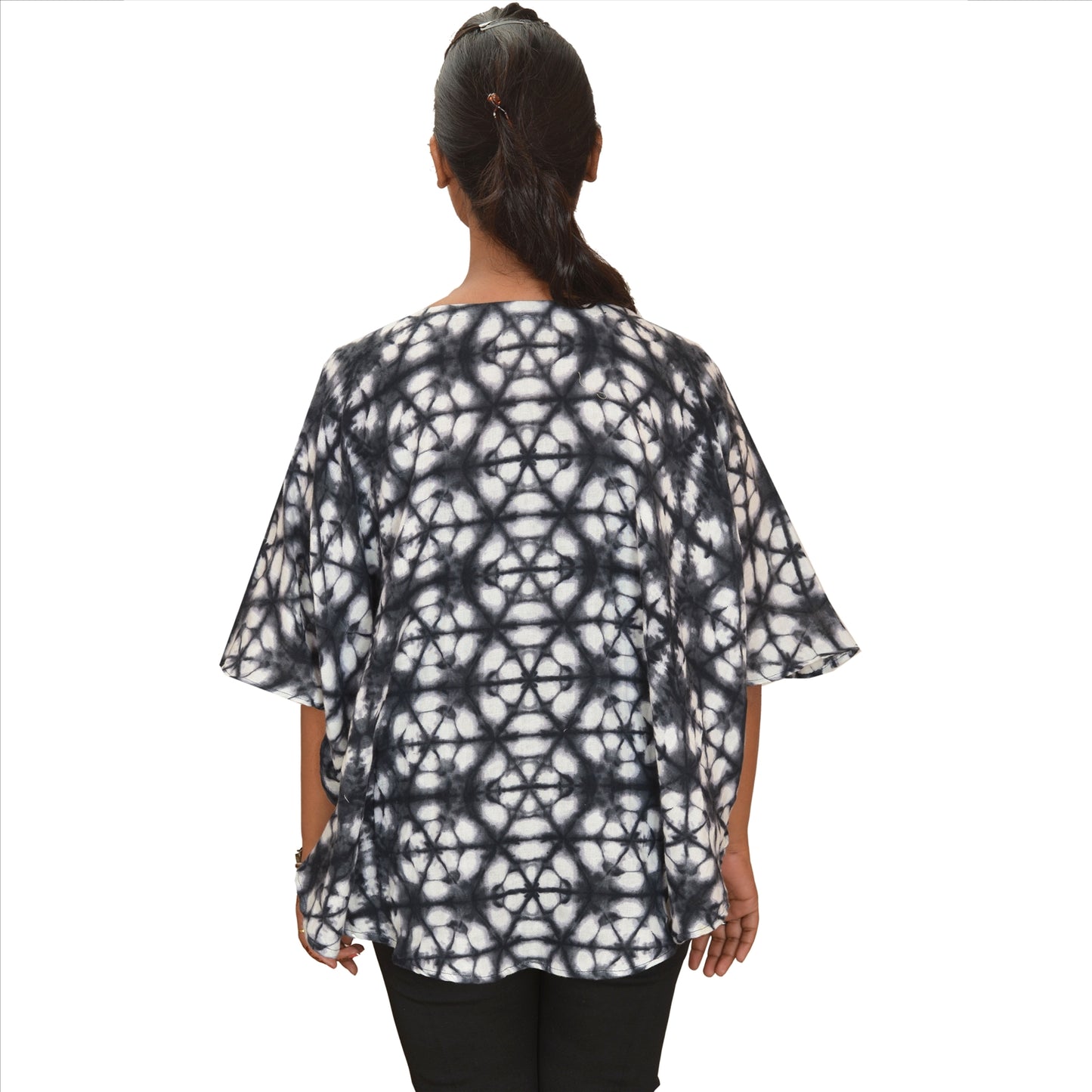 Sanskriti Vinatage Sanskriti New Cotton Tie & Dye Embroidered Caftan Kaftan Top Shirt Sequins Black