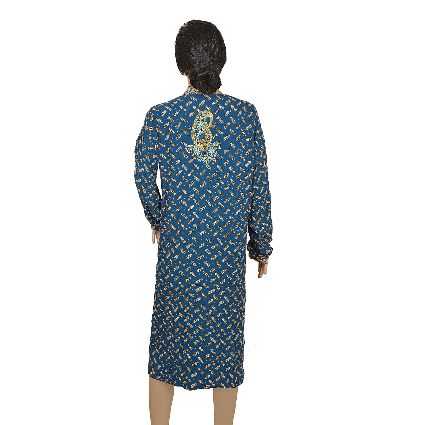 Sanskriti Vintage Sustainable Fabric Pure Georgette Silk Hand Embroidered Long Top Blue
