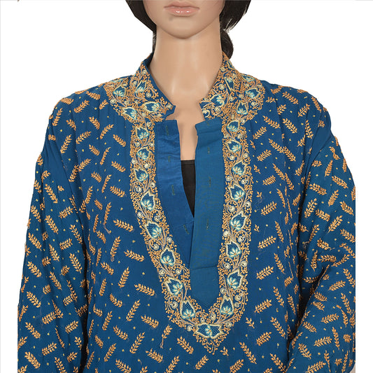 Sanskriti Vintage Sustainable Fabric Pure Georgette Silk Hand Embroidered Long Top Blue