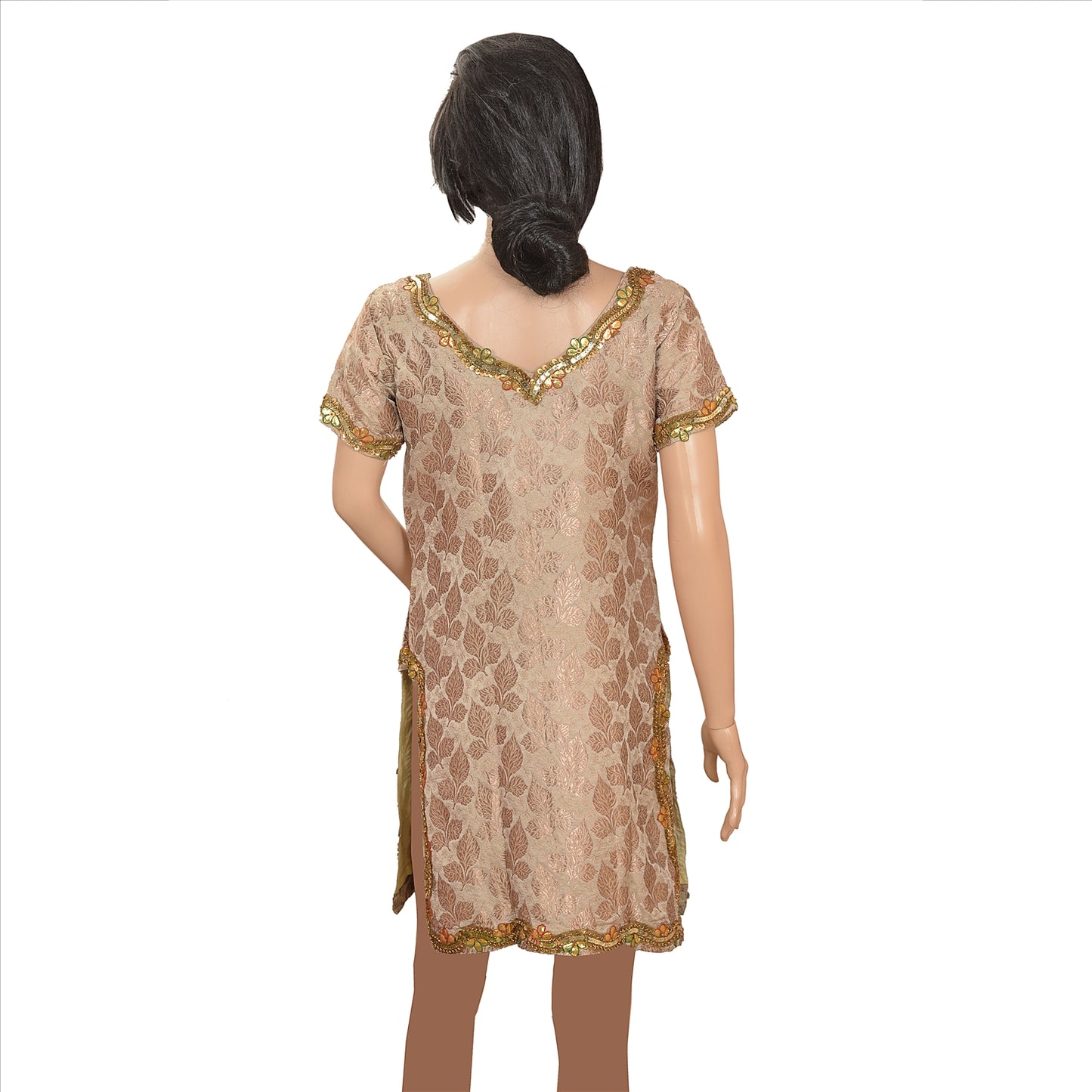 Sanskriti Vintage Satin Woven Long Top Kurta Floral Gota Sequins Work Beige