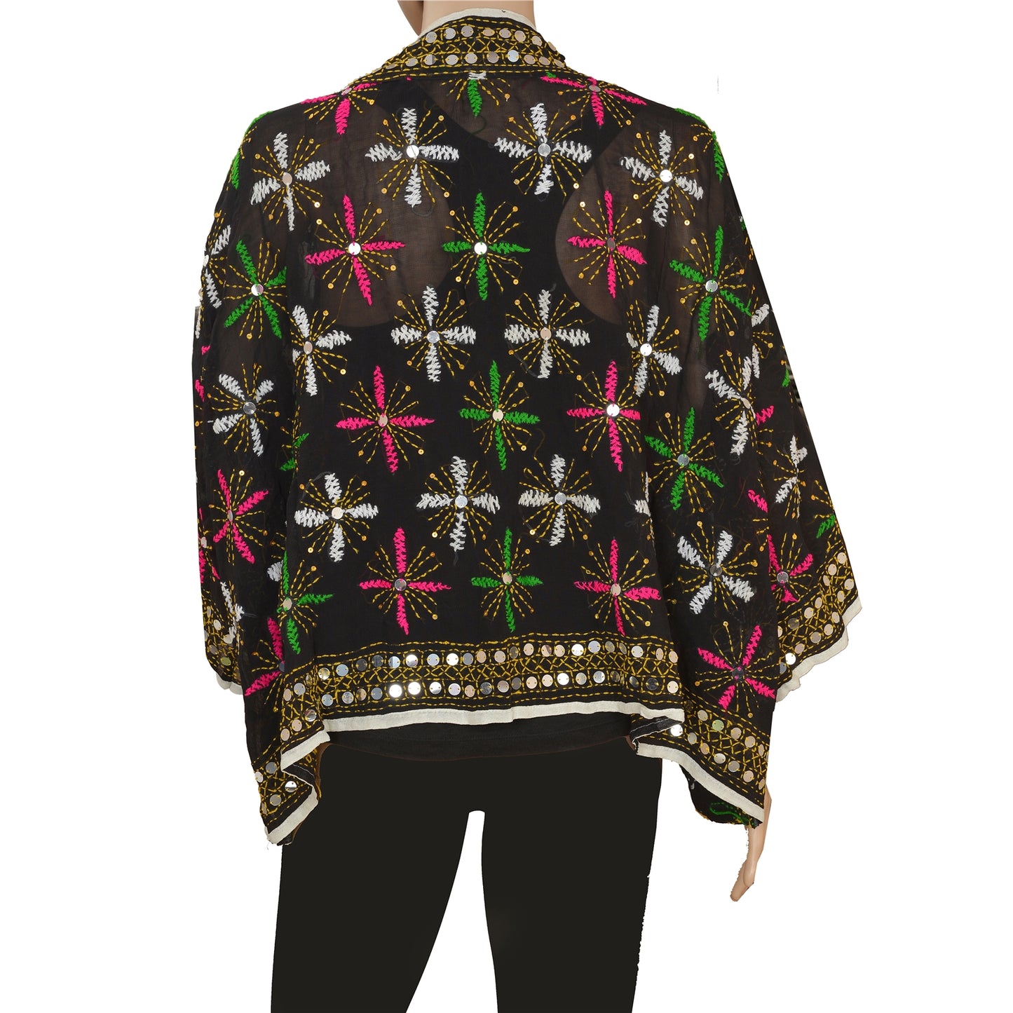 Sanskriti Vintage Phulkari kaftan Shrug Top with Tassel Belt Upcycled Sari Clothing Sustainable Fashion