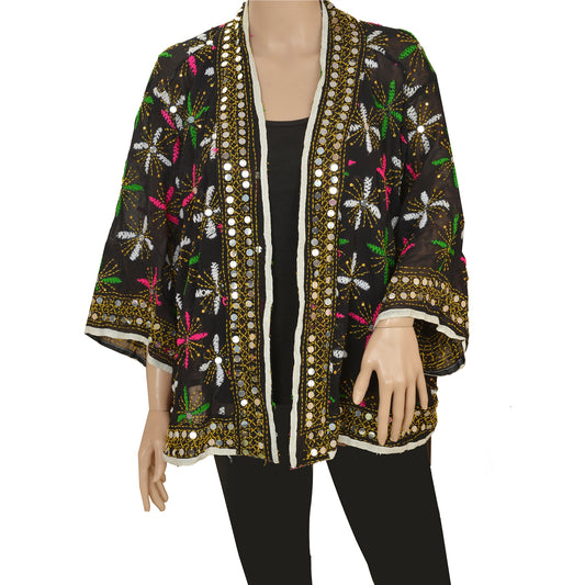 Sanskriti Vintage Phulkari kaftan Shrug Top with Tassel Belt Upcycled Sari Clothing Sustainable Fashion