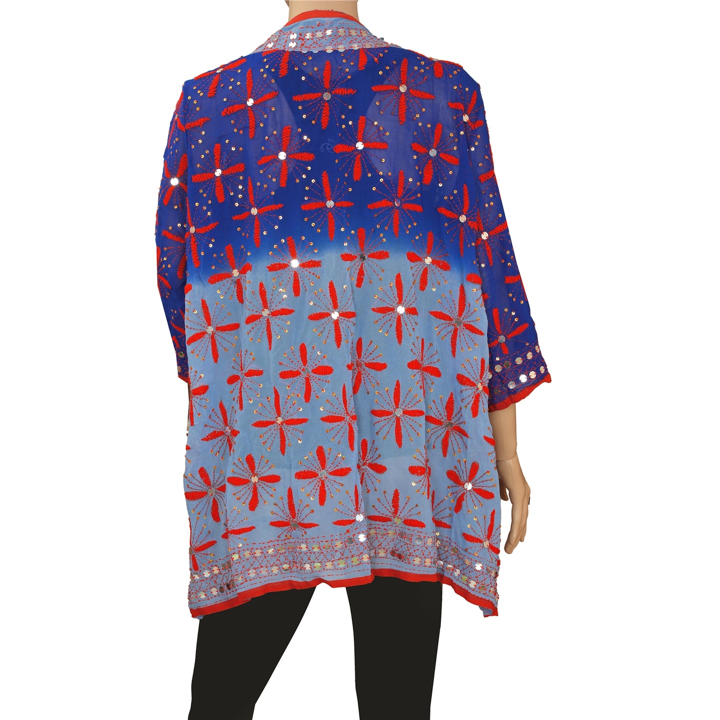 Sanskriti Vintage Phulkari kaftan Shrug with Tassel Belt Ethnic Top Upcycled Sari Clothing Sustainable Fashion