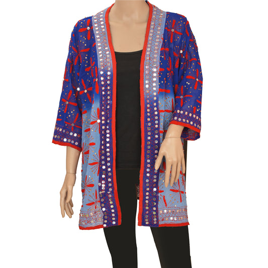 Sanskriti Vintage Phulkari kaftan Shrug with Tassel Belt Ethnic Top Upcycled Sari Clothing Sustainable Fashion