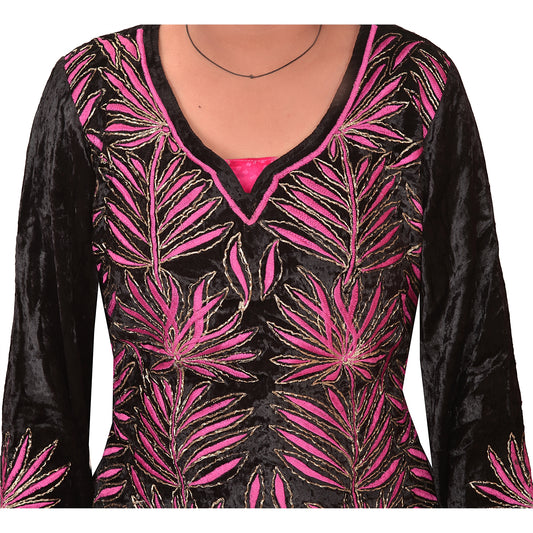 Sanskriti Vintage Sustainable Fabric Velvet Hand Embroidered Dress Kurti Stole Set Black