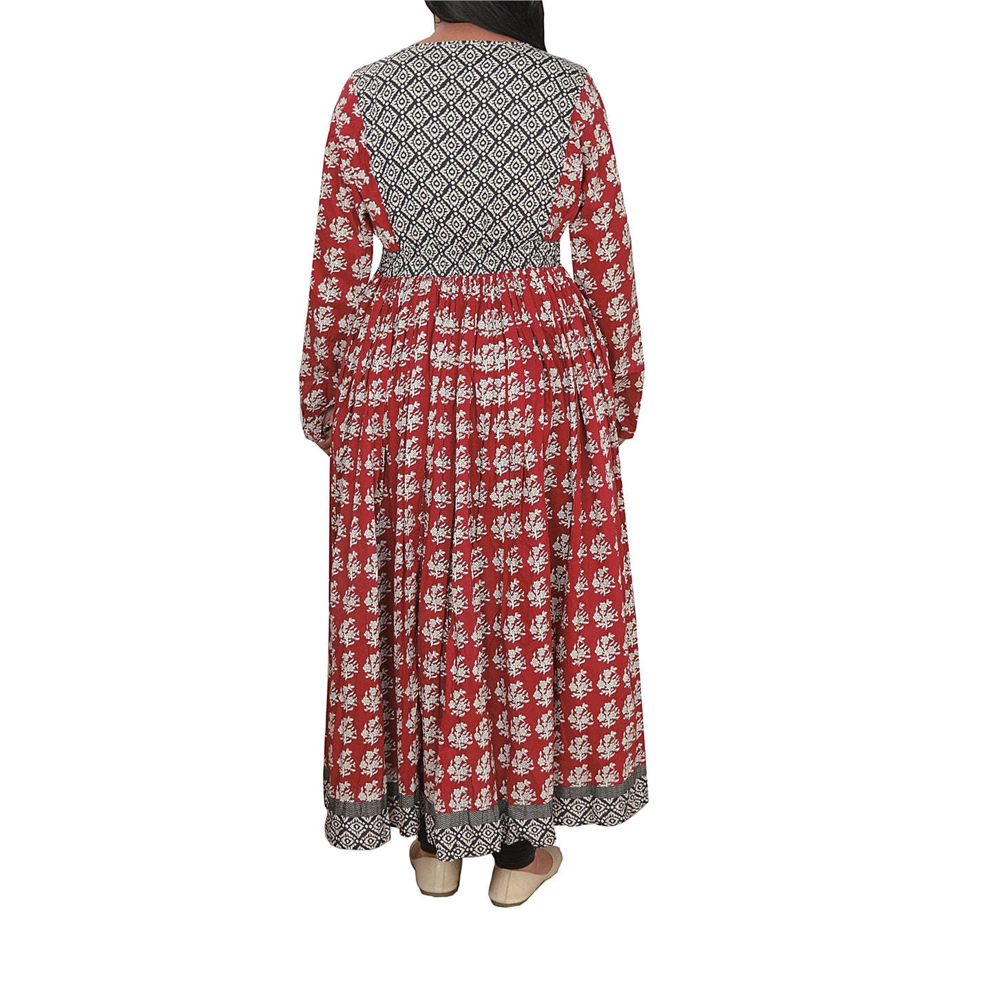 Sanskriti Vintage Sustainable Fabric Cotton Embroidered Style Top Long Dress Maroon