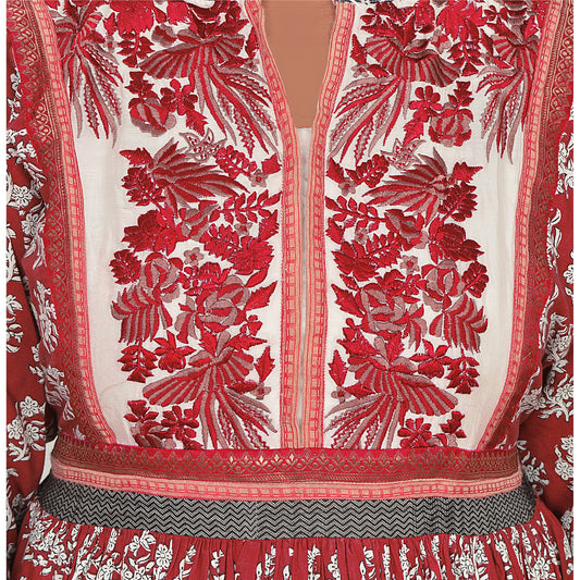 Sanskriti Vintage Sustainable Fabric Cotton Embroidered Style Top Long Dress Maroon