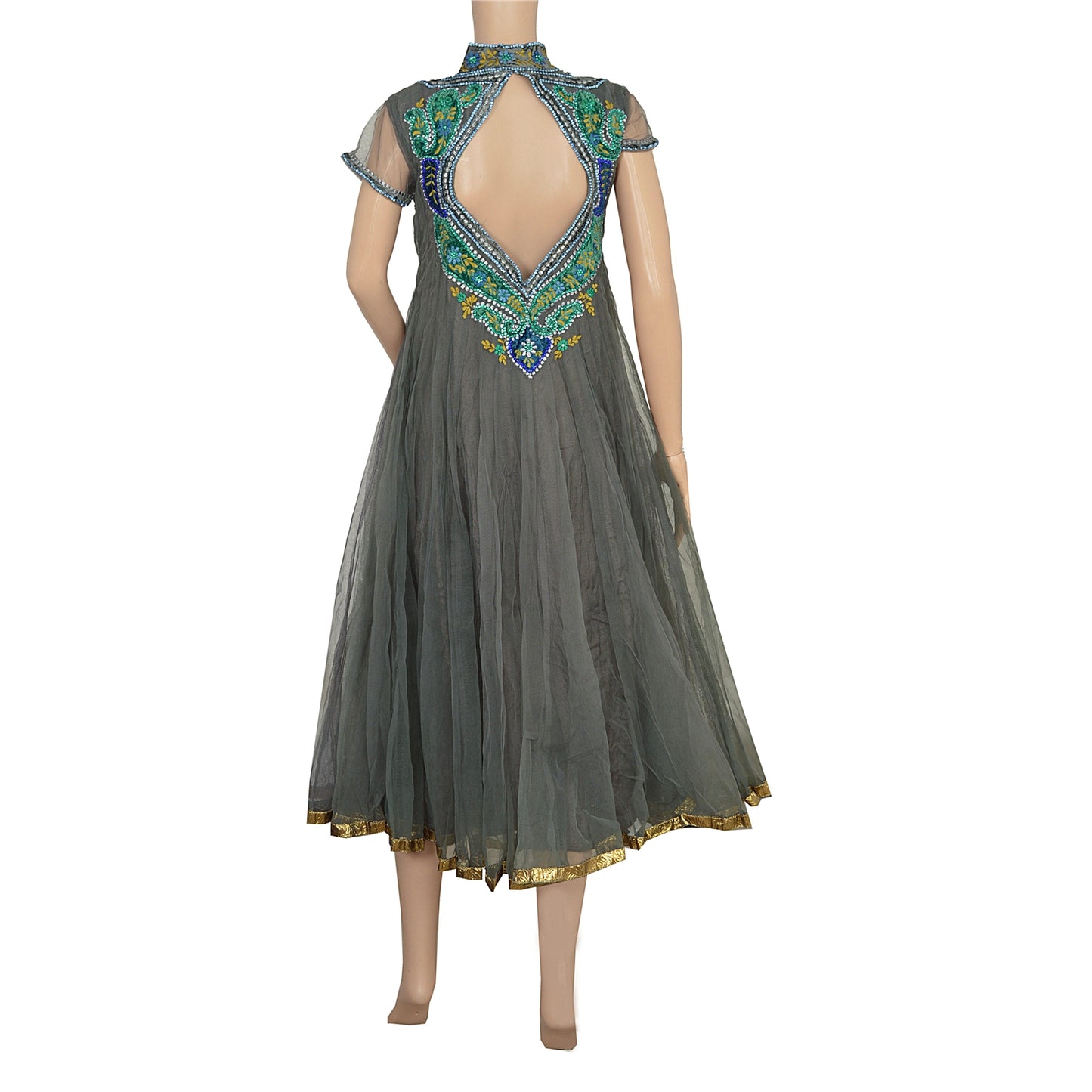 Sanskriti Vintage Sustainable Fabric Net Hand Beaded Style Long Top Dress Grey Rhinestone