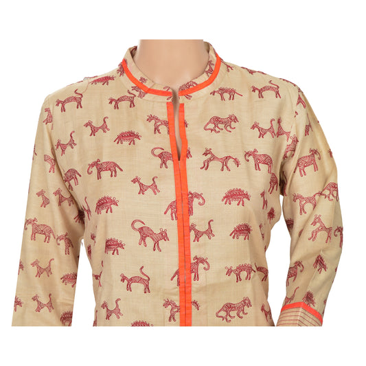 Sanskriti Vintage Khandi Silk Embroidered Long Top Kurta Indian Cream Animal